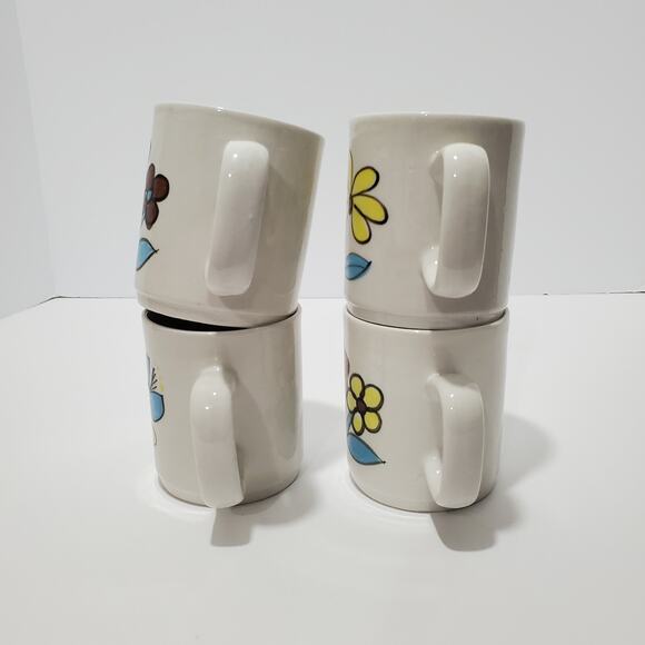 Vtg MCM Floral Stoneware Mugs Blue Brown & Yellow 4oz China 4 Floral Patterns - Picture 2 of 15